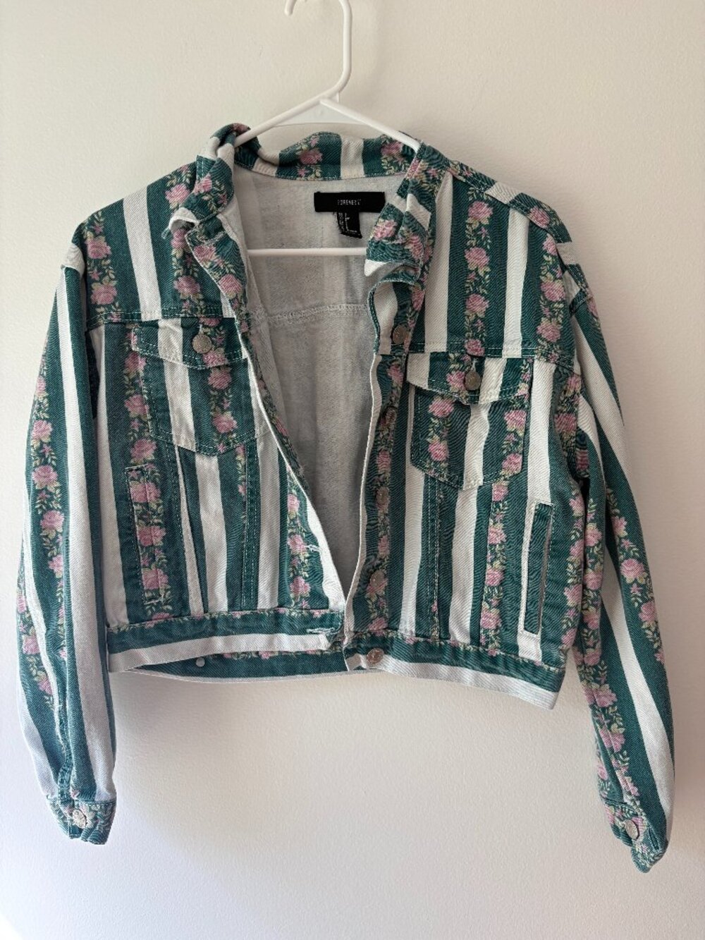 Forever 21 Green & White Stripe Floral Cropped Denim Trucker Jacket - Size S
